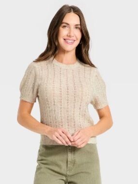 Universal Thread Blush Heather Pink Pointelle Knit Short Sleeve Crew Pullover